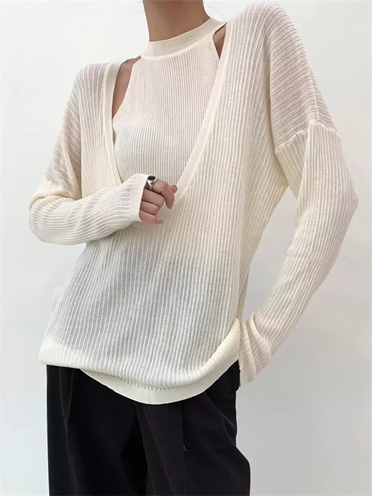 Conjunto de dos piezas de camiseta de tirantes de punto con cuello halter y jersey holgado con cuello en U para mujer