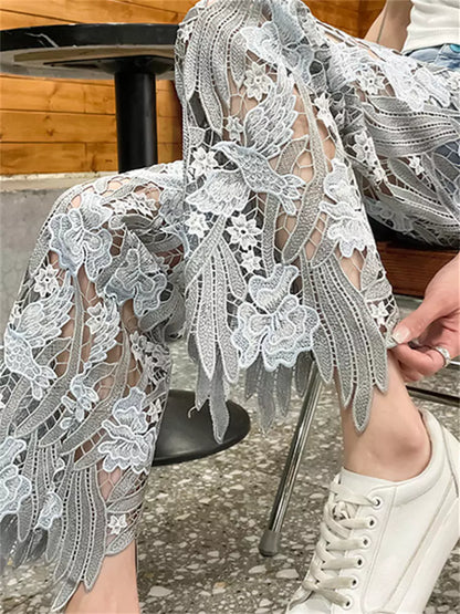 Vintage Straight Leg Denim Pants with Unique Lace Patchwork for Women