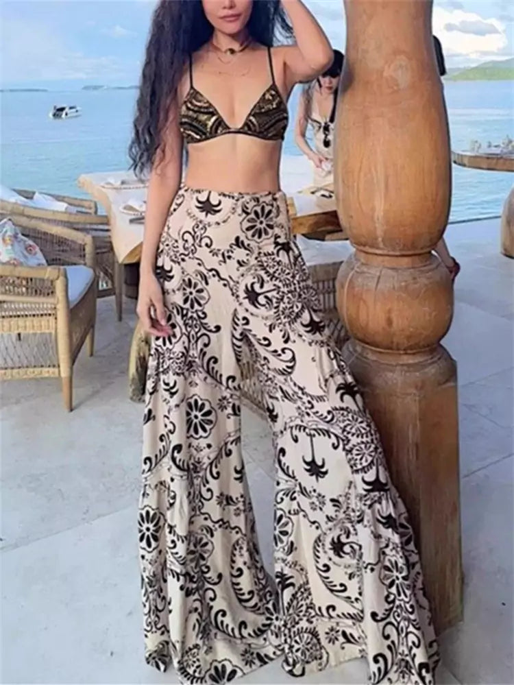 Pantalones anchos elegantes de estilo bohemio con estampado marrón para mujer, talla grande