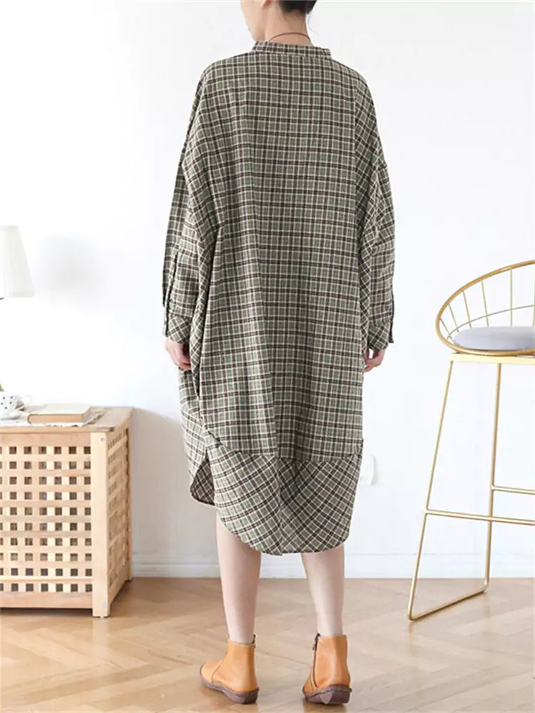 Vintage Plaid Loose Fit Dress with Pockets for Women