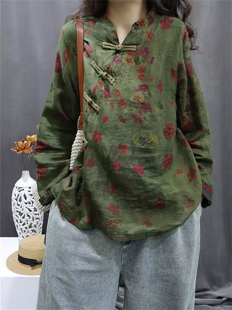 Vintage-Hemd im chinesischen Stil aus Baumwoll-Leinen mit schrägem Kragen für Damen