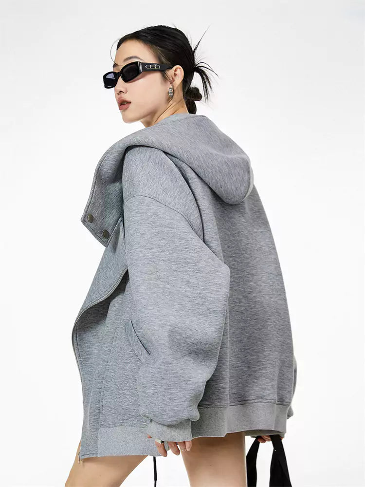 Sudadera con capucha asimétrica con cremallera gris claro vintage para mujer