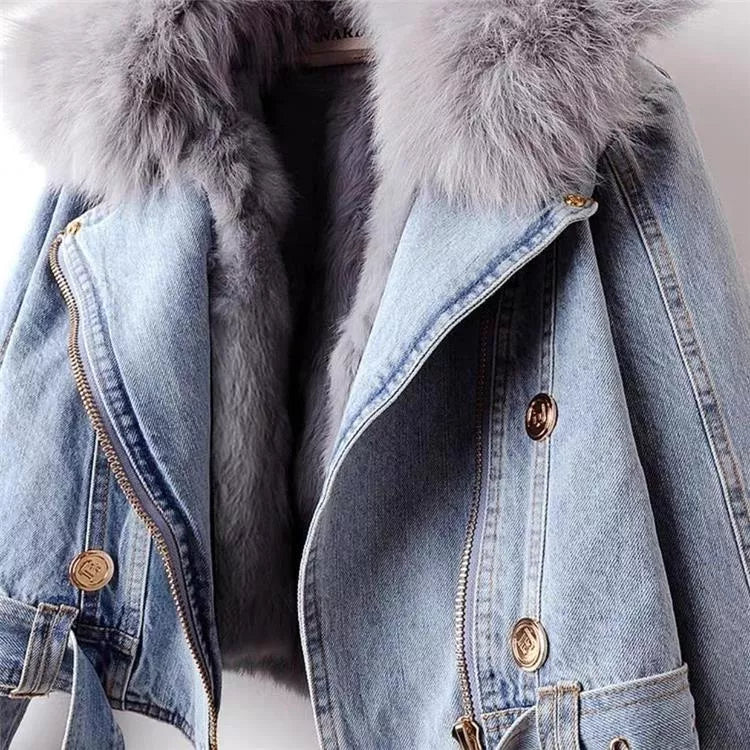 Detachable Faux Fox Fur Lined Denim Jacket for Women
