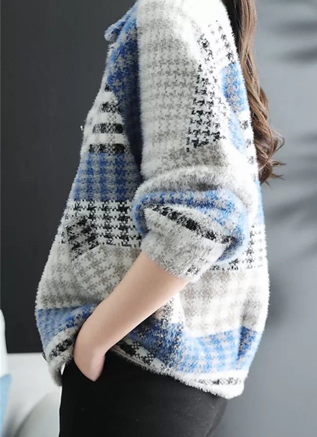Short Plaid Faux Mink Fur Jacket for Women