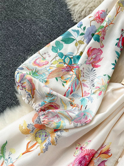 Maxikleid im französischen Stil mit V-Ausschnitt, Spitzenbesatz und Blumenmuster für Damen