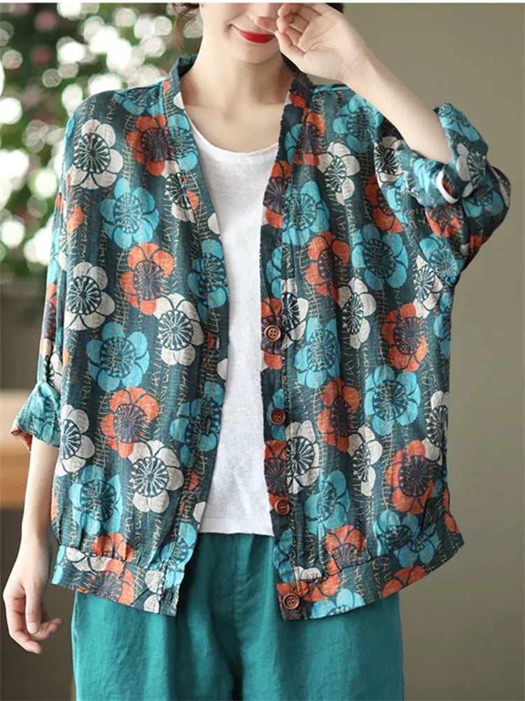 Camisa informal estampada de lino vintage azul para mujer 