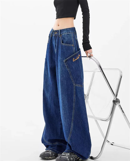 Pantalones cargo de mezclilla con bolsillos curvos estilo americano para mujer