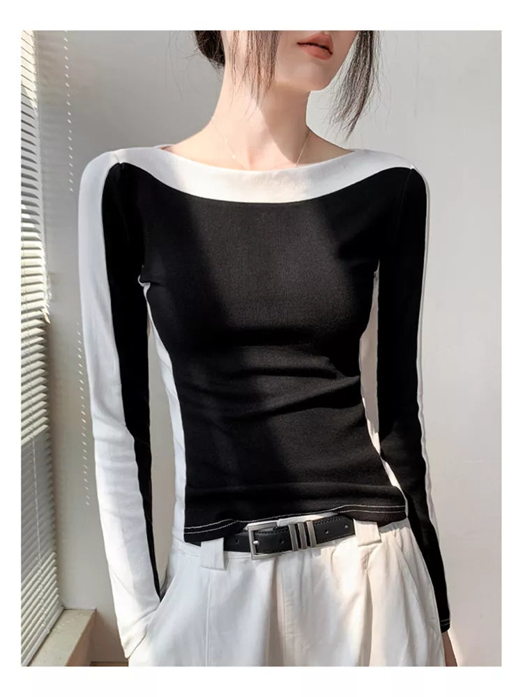 Top ajustado de manga larga con cuello oblicuo y bloques de color para mujer