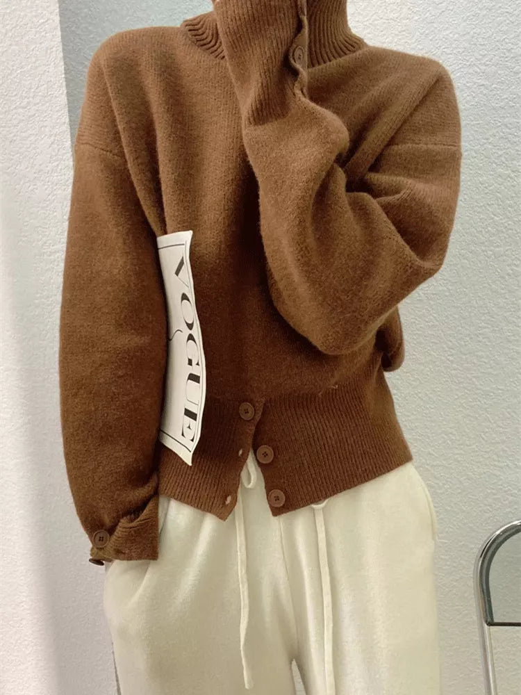Women’s French Style High-Neck Pullover Sweater with Button Front Slit