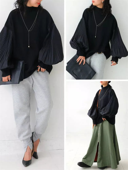 Suéter de cuello alto plisado con mangas farol para mujer - Jersey de punto de técnica mixta