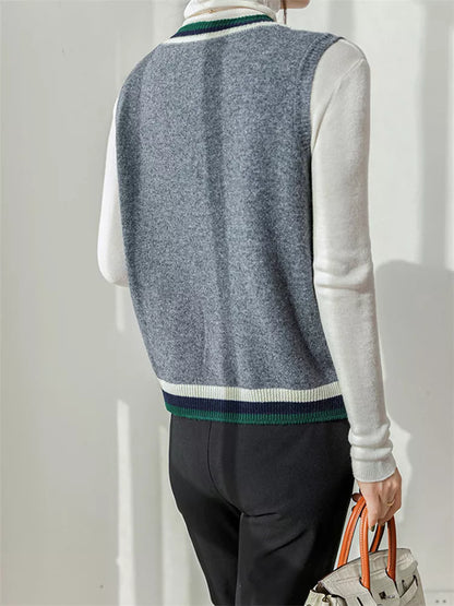 Chaleco de punto con cuello en V y botones para mujer - Cárdigan sin mangas con ribete de rayas estilo preppy