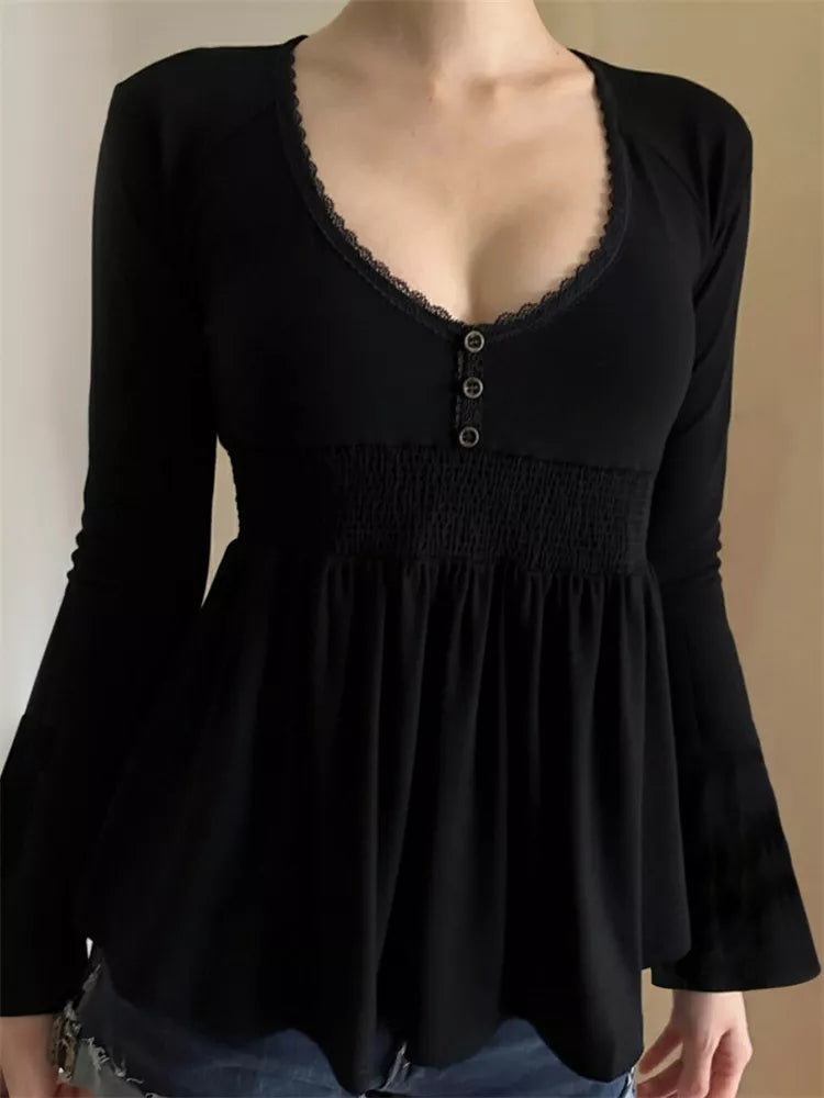Black Lace Trim V-Neck Smocked Bell Sleeve Top