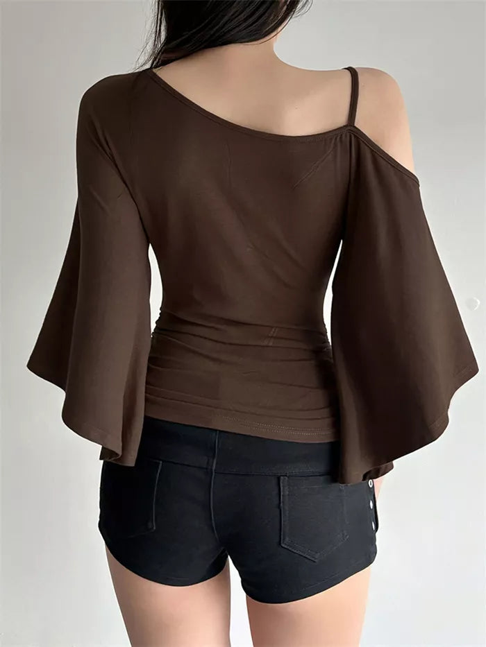 Women's Brown Asymmetric One-Shoulder Ruched Top with Ring Detail and Bell Sleeves