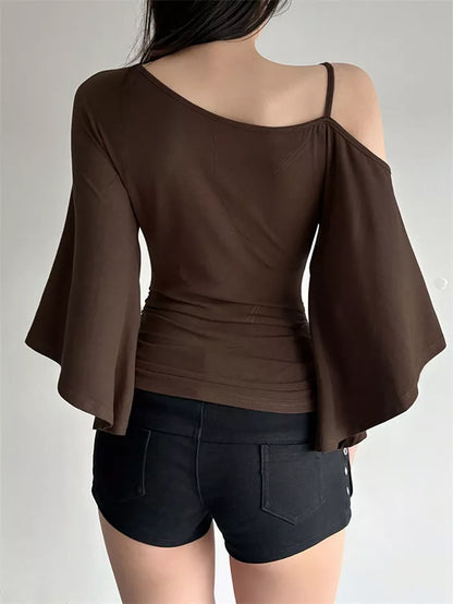 Women's Brown Asymmetric One-Shoulder Ruched Top with Ring Detail and Bell Sleeves