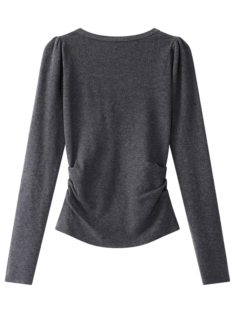 Dark Gray Sweet-Chic V-Neck Slim Knit Top for Women
