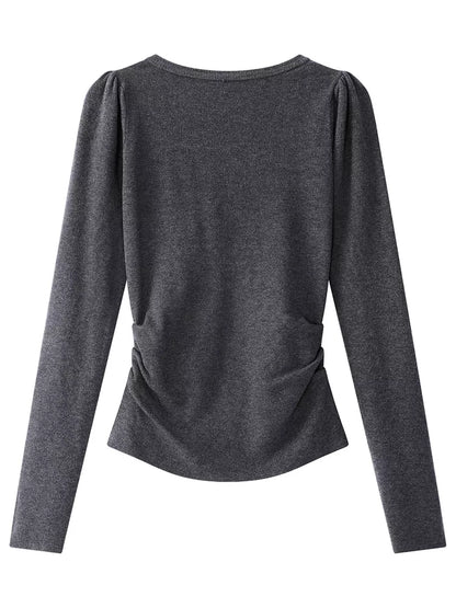 Dark Gray Sweet-Chic V-Neck Slim Knit Top for Women
