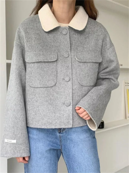 Women's Vintage Grey Woolen Short Jacket with Contrast Cream Collar