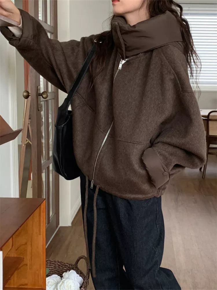 Women's Coffee Brown Woolen Zip-Up Short Jacket with Detachable Hooded Insert