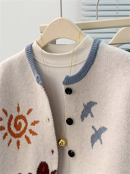 Women's Artistic Landscape Jacquard Knit Vest  Vintage Sun & Bird Pattern Button Down Waistcoat