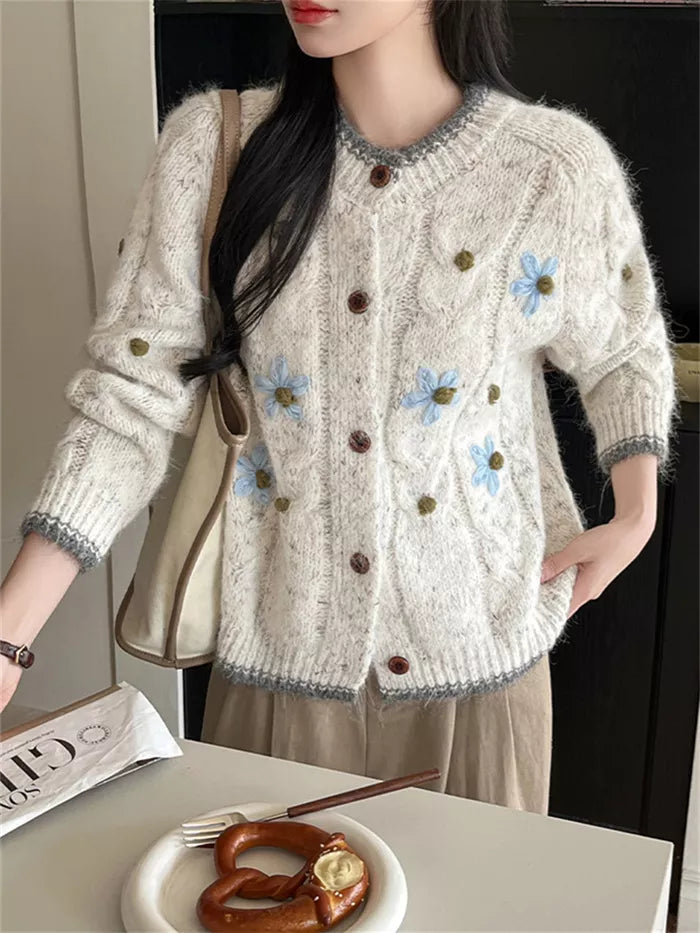 Women's Cream Cable Knit Cardigan with Blue Floral Embroidery