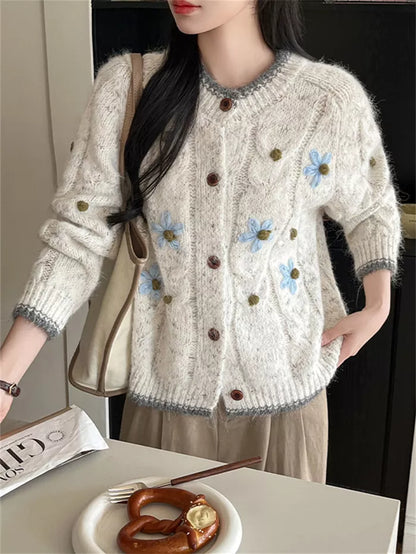 Women's Cream Cable Knit Cardigan with Blue Floral Embroidery