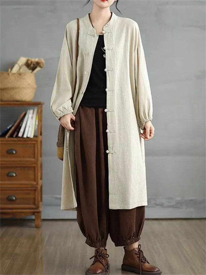 Women's Vintage Cotton Linen Long Coat Chinese Style Frog Button Zen Cardigan Trench Jacket
