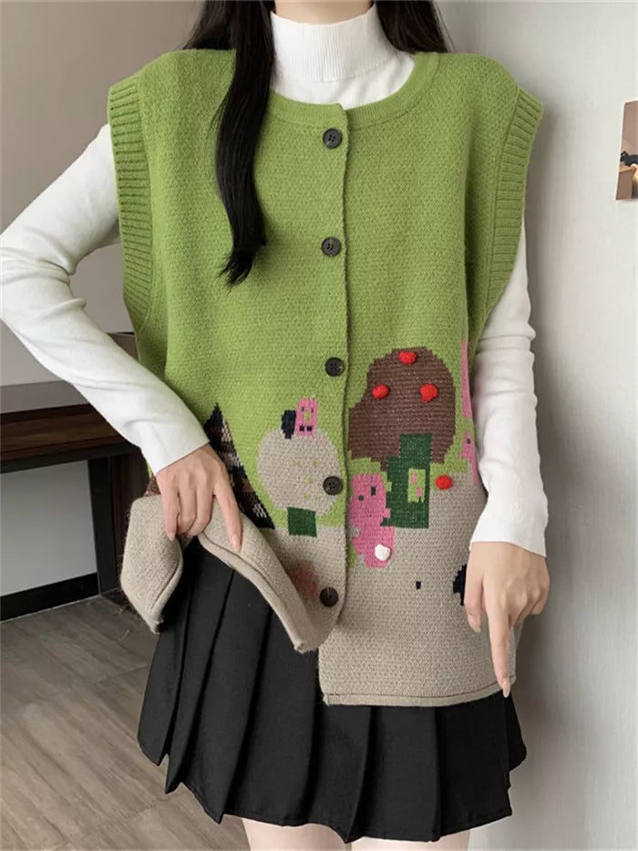 Women's Vintage Green Landscape Jacquard Knit Vest Artistic Button Down Waistcoat