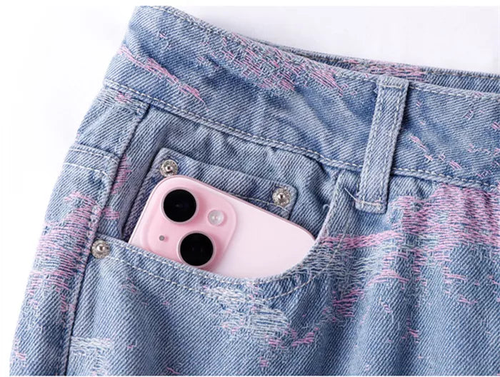 Women's Artistic Pink Abstract Jacquard Wide Leg Jeans High Waist Loose Straight Denim Pants