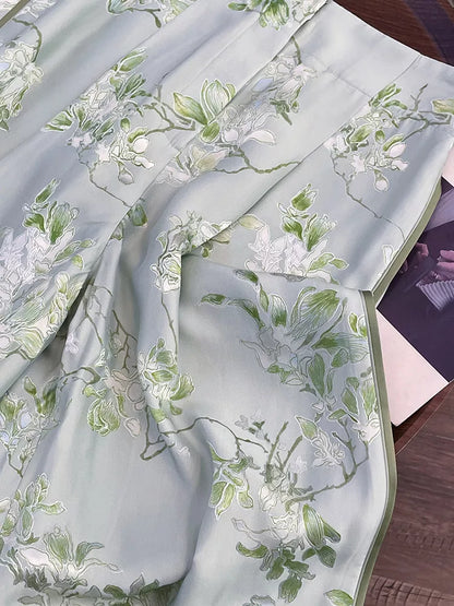 Women's New Chinese Style Green Floral Wide Leg Pants High Waist Satin Vintage Straight Trousers