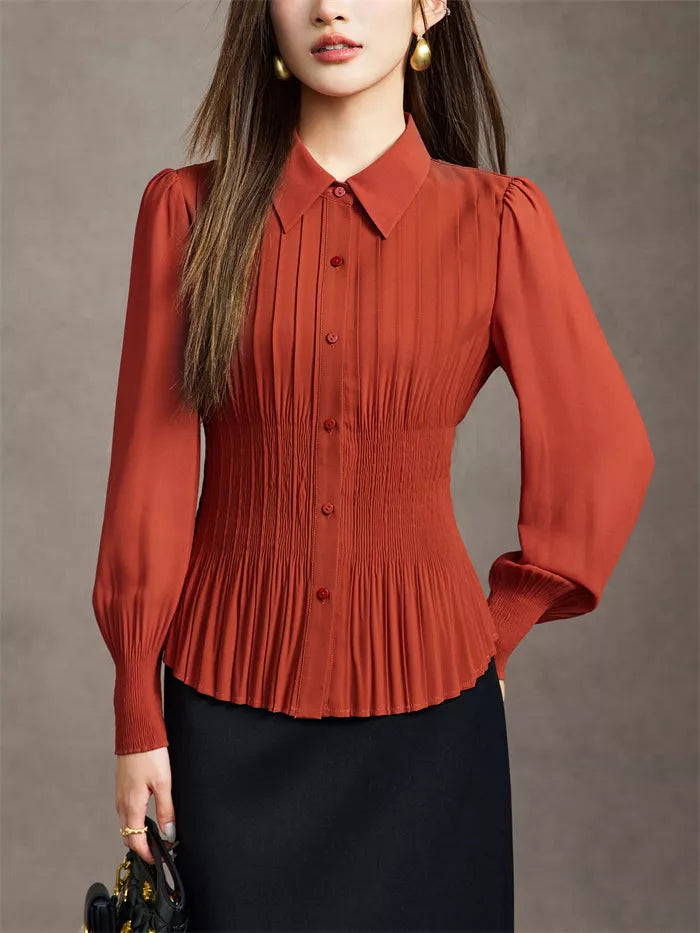 Women's Elegant Rust Orange Pleated Blouse