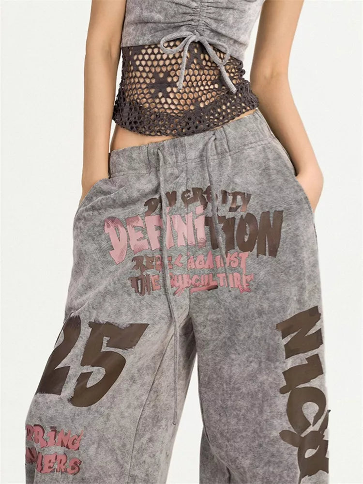 Women's Y2K Acid Wash Grey Sweatpants Graffiti Letter Print Baggy Joggers