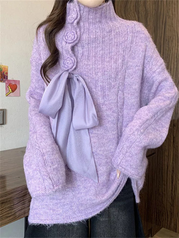 Women's Lavender Purple Mock Neck Knit Sweater Large Satin Bow Tie 3D Rose Button Pullover