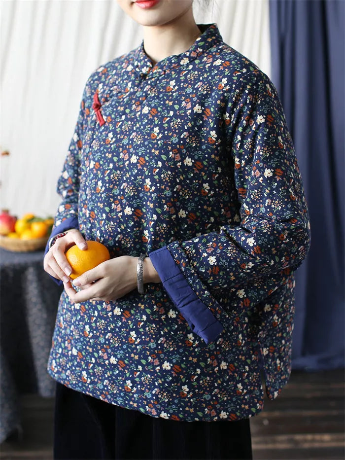 Women's Vintage Chinese Style Blue Floral Padded Jacket Cotton Linen Frog Button Short Coat