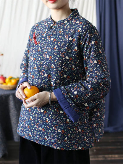 Women's Vintage Chinese Style Blue Floral Padded Jacket Cotton Linen Frog Button Short Coat