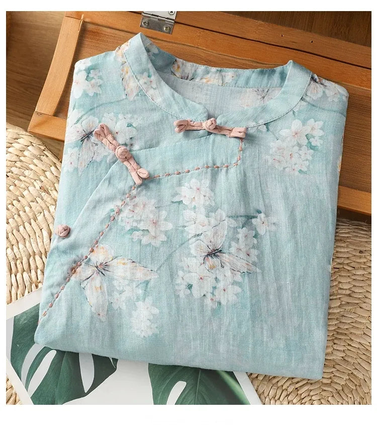 Floral Butterfly Print Three Quarter Sleeve Shirt