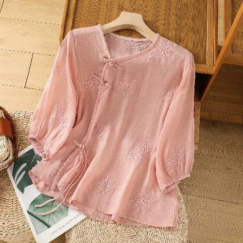 Embroidered Asymmetrical Placket Three Quarter Sleeve Shirt - Pink