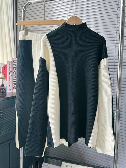 Damen-Set aus farblich abgesetztem Rollkragenpullover und Midirock