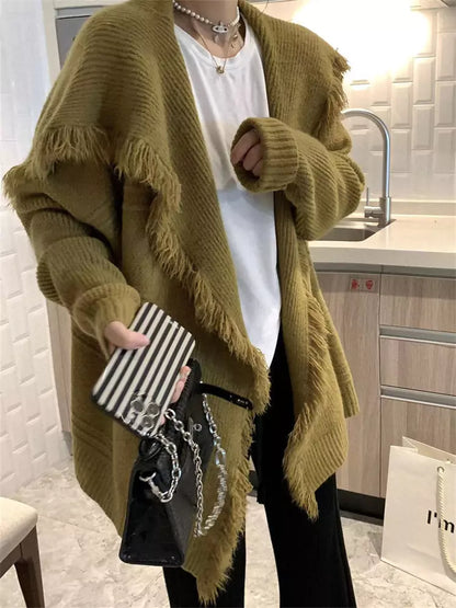 Cárdigan de punto extragrande con flecos y solapa grande de moda