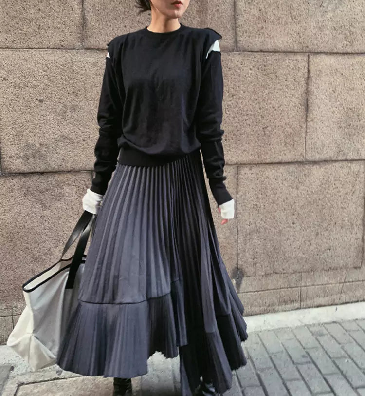 High-Waist Black Pleated Midi Skirt with Irregular Fishtail Hem