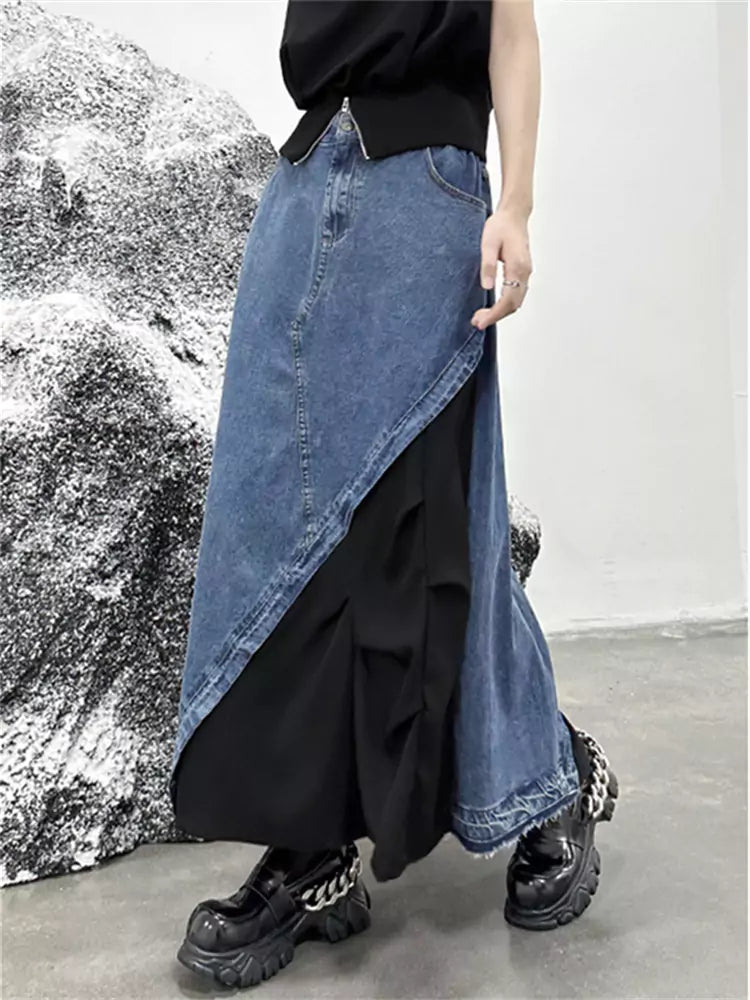 Chic Denim Patchwork Maxi Skirt with Retro Style