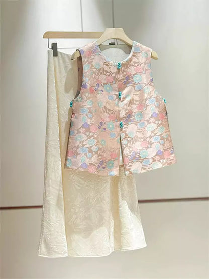 Rosa Brokatweste für Damen – Ärmellose Jacke im neuen chinesischen Stil