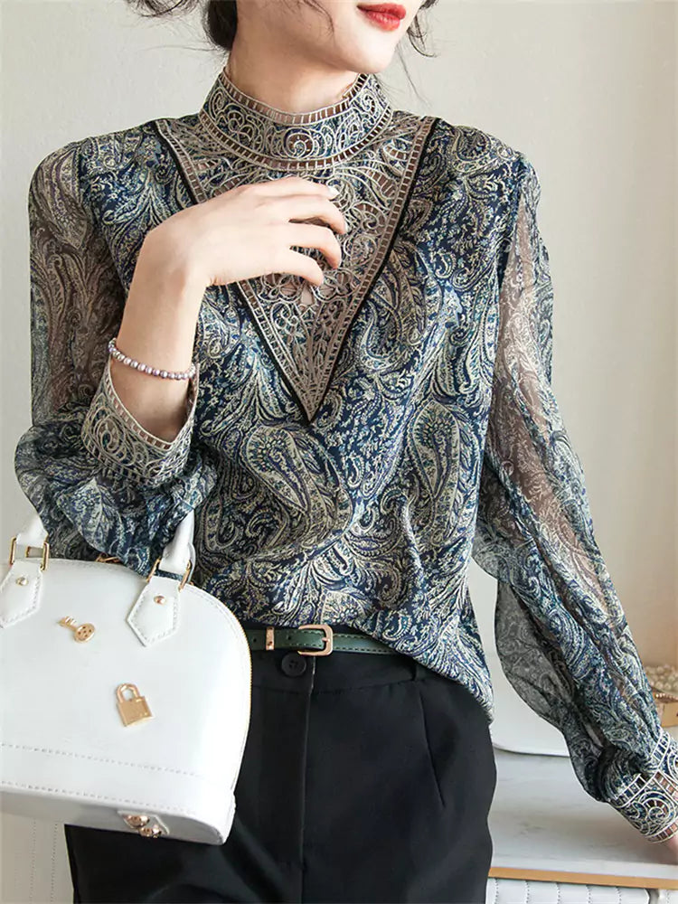 Trendy Print Chiffon Blouse for Women – Lantern Sleeve Top with Delicate Embroidery