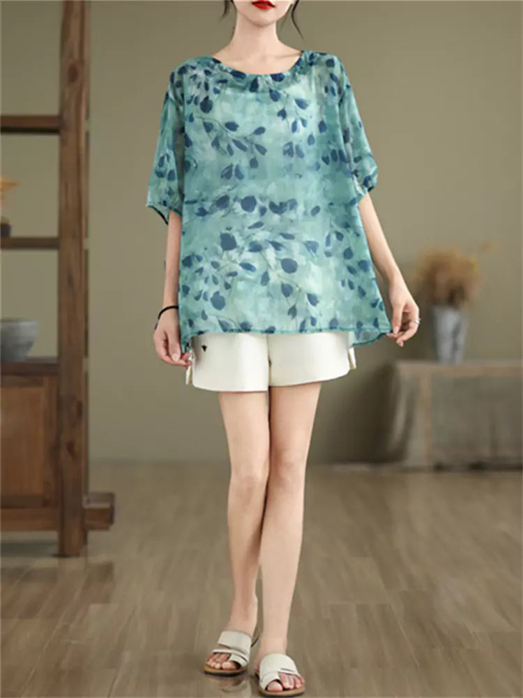 Summer Plus Size Floral Print Tie-Back Babydoll Top for Women