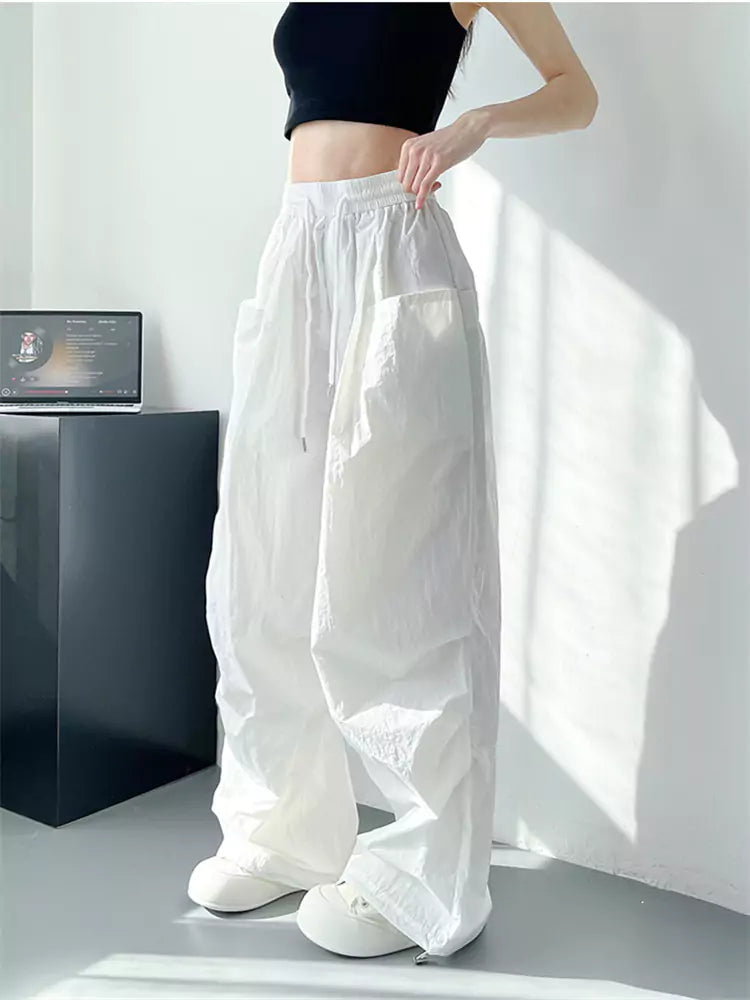 Wide-Leg Summer White Ice Silk High-Waist Loose Cargo Pants for Women