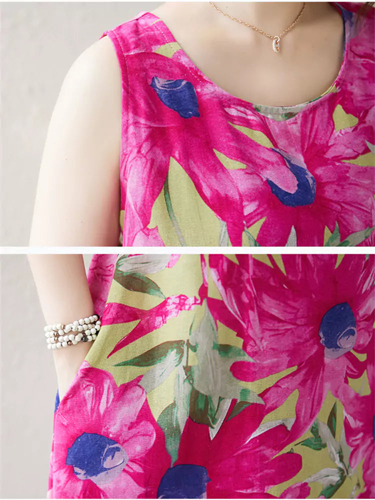 Vestido largo de lino y algodón con estampado floral bohemio de talla grande para mujer sin mangas