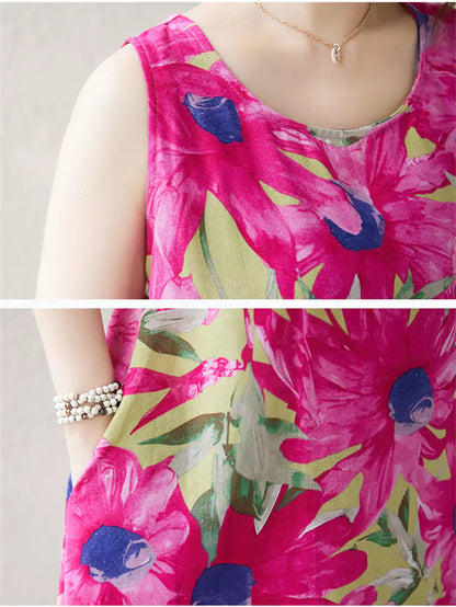 Ärmelloses Maxikleid in Übergröße aus Baumwoll-Leinen-Mischgewebe mit floralem Bohème-Muster für Damen