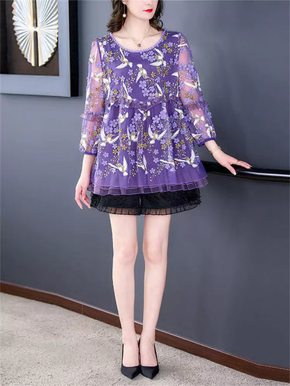 Elegante, bestickte Spitzenbluse mit Rundhalsausschnitt in großen Größen für Damen