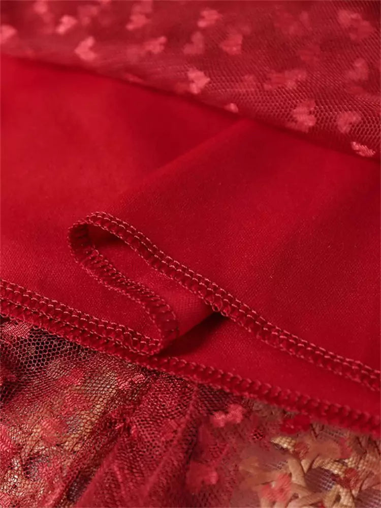 Falda larga de malla escalonada Fairycore de talla grande con corazones de jacquard