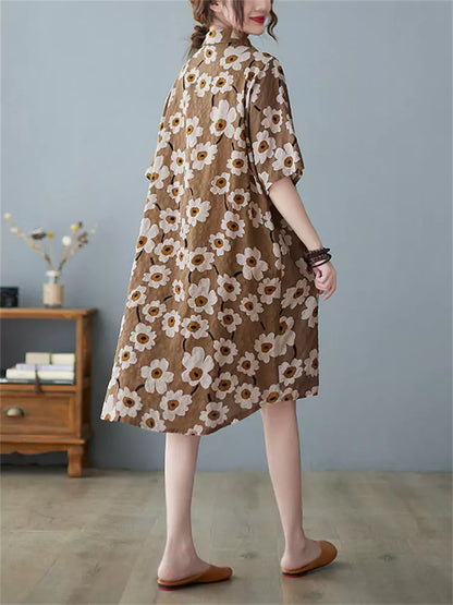 Summer Loose Fit Vintage Floral Short Sleeve Cotton Linen Shirt Dress