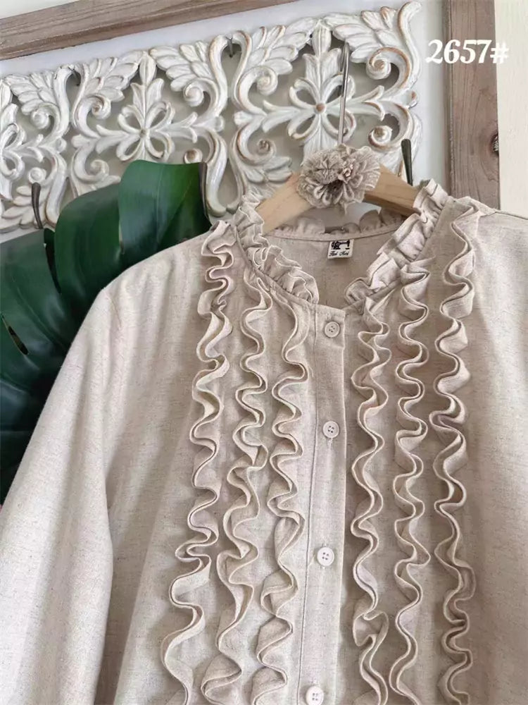 Blusa de lino y algodón con volantes estilo japonés para mujer, manga larga